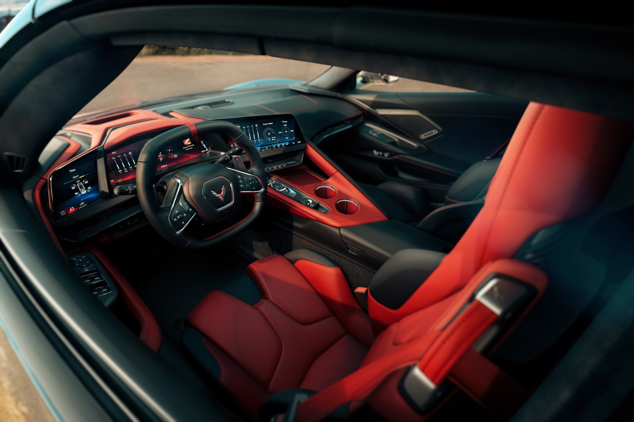 2026 Corvette Stingray Driver POV Asymmetrical Adrenaline Red interior on 2026 Chevrolet Corvette Stingray