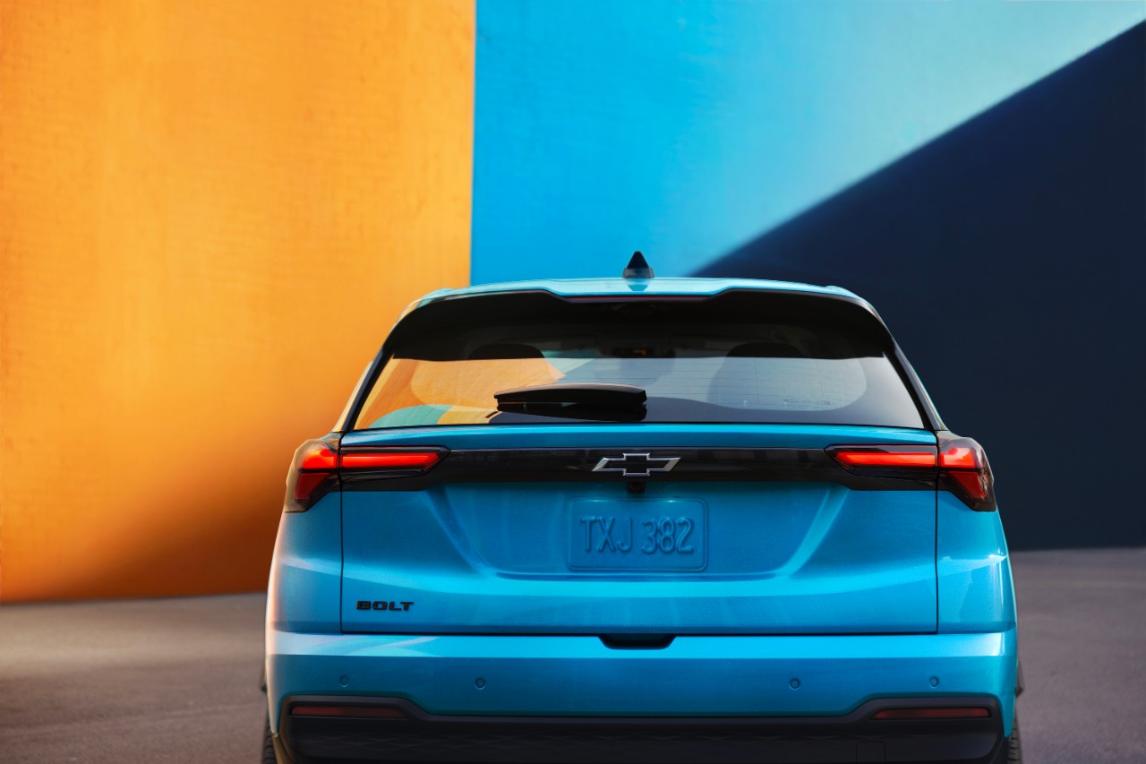 Rear view of the Bolt EV LT in Marina Blue Introducing the 2027 Chevrolet Bolt