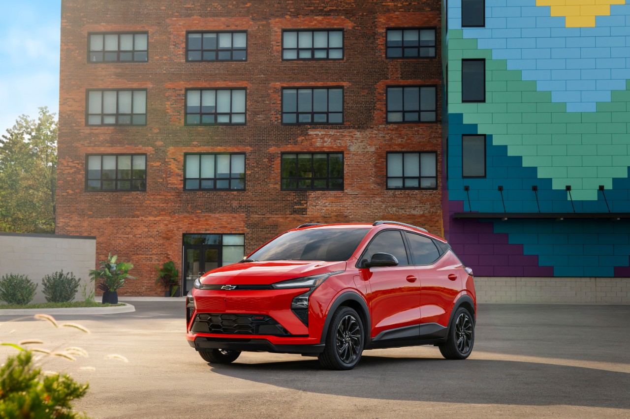Front 3/4 view of Bolt RS in Habanero Orange Introducing the 2027 Chevrolet Bolt
